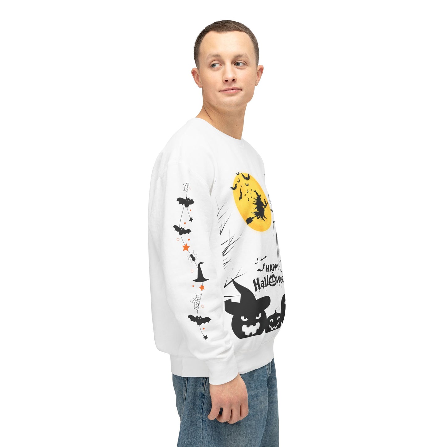 Spooky Halloween Crewneck Sweatshirt – Witch, Pumpkin, and Bat Design for a Chilling October