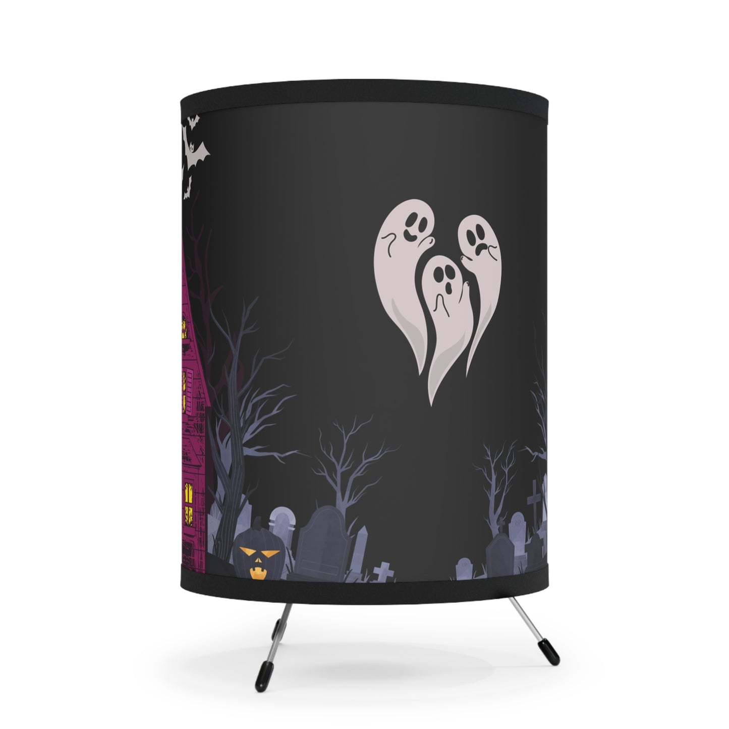 Haunted House Halloween Tripod Lamp. Spooky Decor with Ghosts, Bats, and Ghoulish Charm