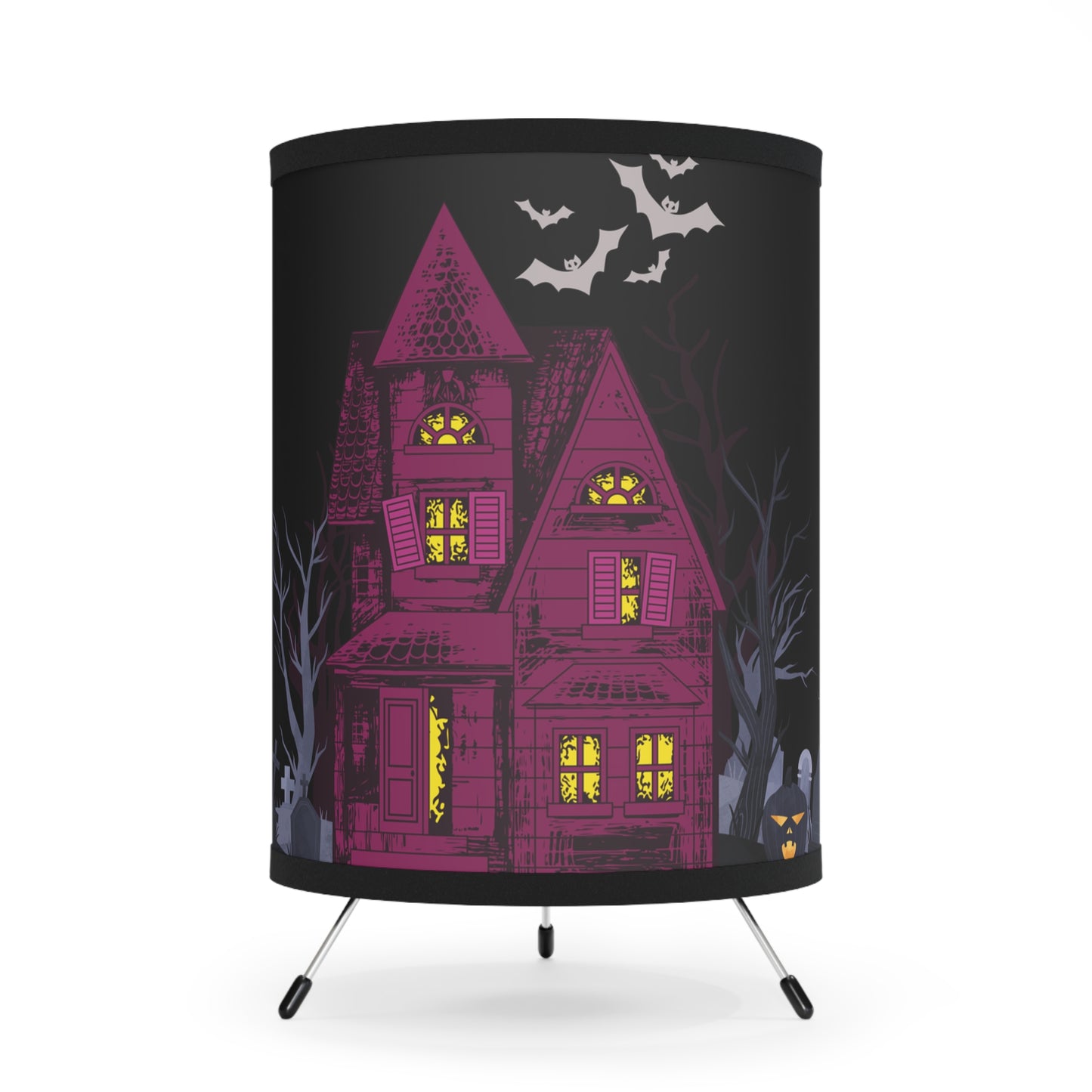 Haunted House Halloween Tripod Lamp. Spooky Decor with Ghosts, Bats, and Ghoulish Charm