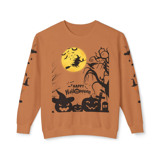 Spooky Halloween Crewneck Sweatshirt – Witch, Pumpkin, and Bat Design for a Chilling October