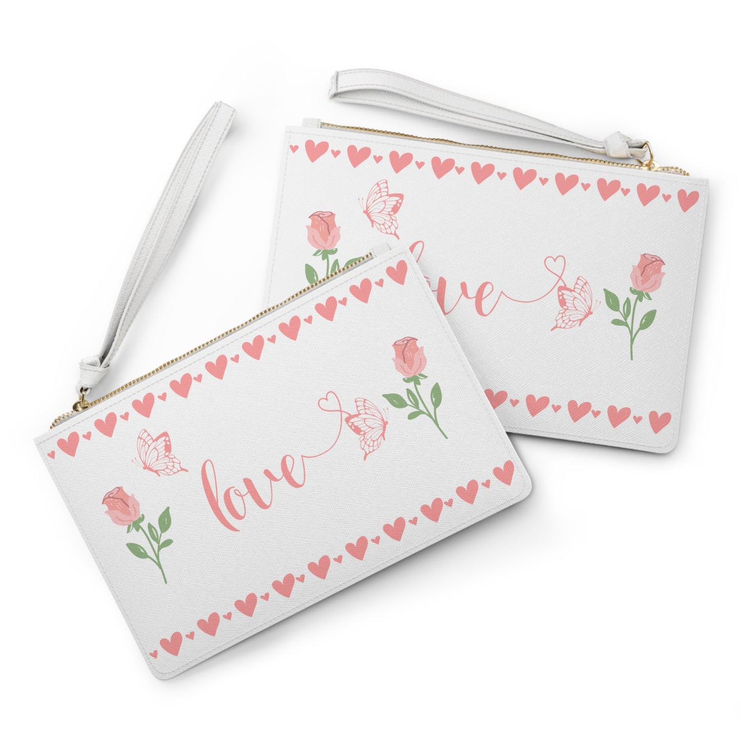 Love Wristlet - Pink Hearts, Flowers and Butterflies Clutch Bag