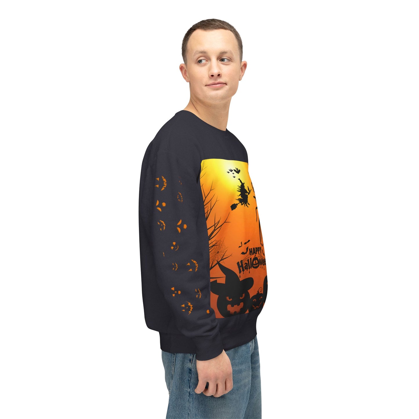 Spooky Halloween Crewneck Sweatshirt – Witch, Pumpkin, and Bat Design for a Chilling October