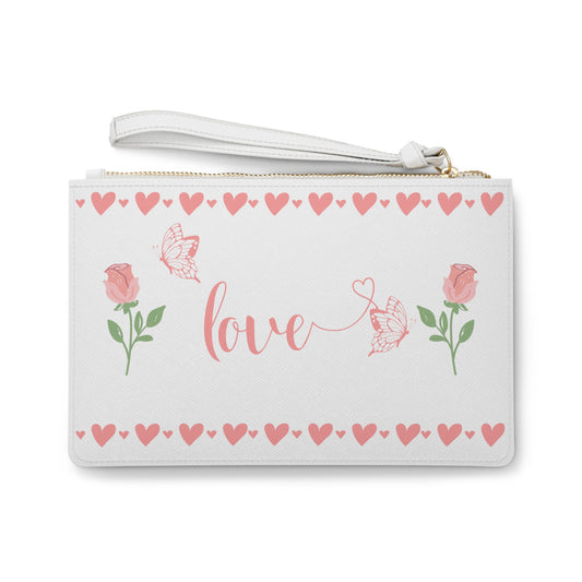 Love Wristlet - Pink Hearts, Flowers and Butterflies Clutch Bag