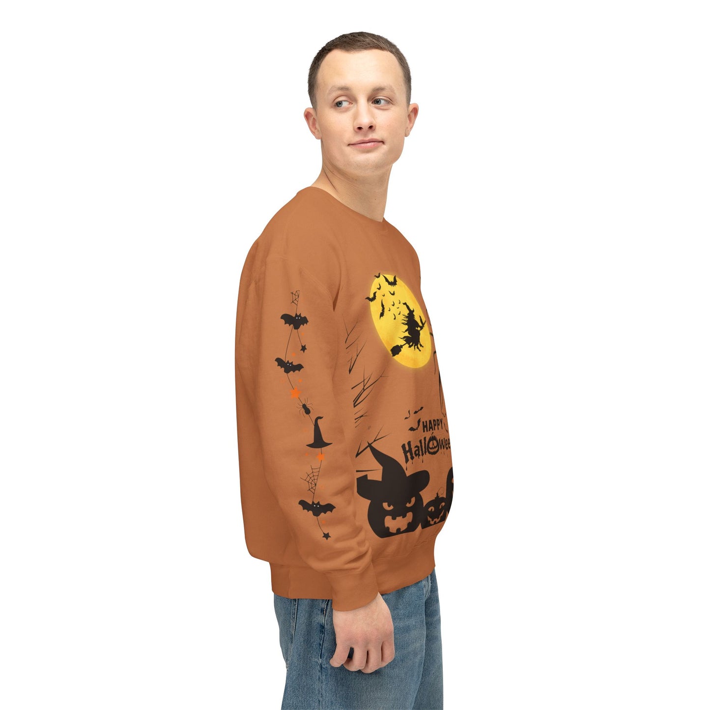 Spooky Halloween Crewneck Sweatshirt – Witch, Pumpkin, and Bat Design for a Chilling October