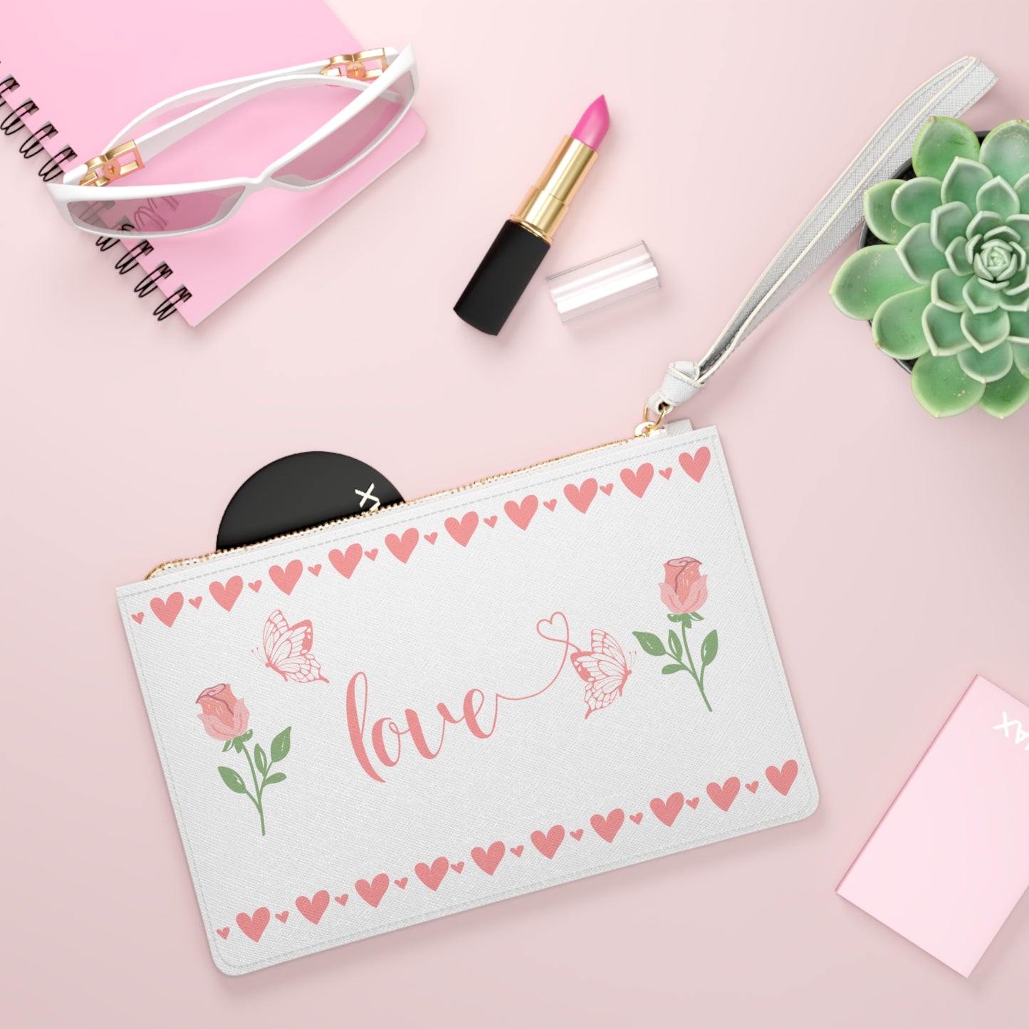 Love Wristlet - Pink Hearts, Flowers and Butterflies Clutch Bag