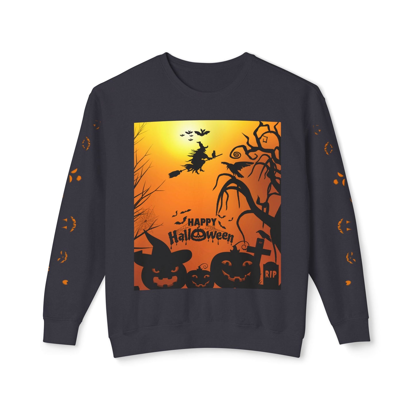 Spooky Halloween Crewneck Sweatshirt – Witch, Pumpkin, and Bat Design for a Chilling October