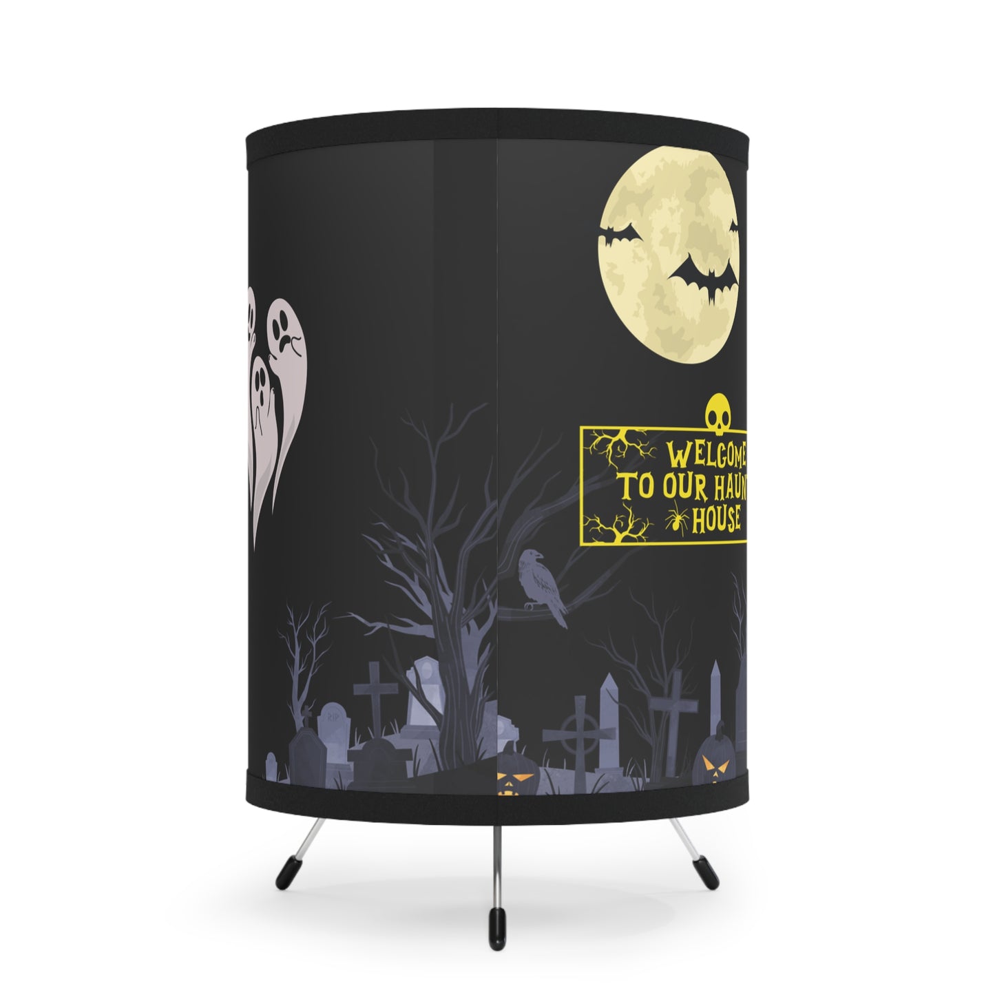 Haunted House Halloween Tripod Lamp. Spooky Decor with Ghosts, Bats, and Ghoulish Charm