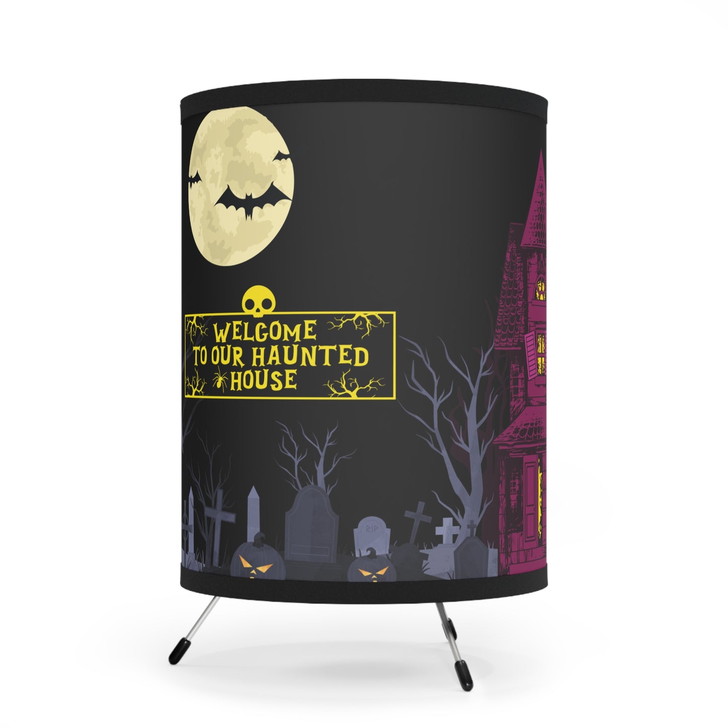 Haunted House Halloween Tripod Lamp. Spooky Decor with Ghosts, Bats, and Ghoulish Charm