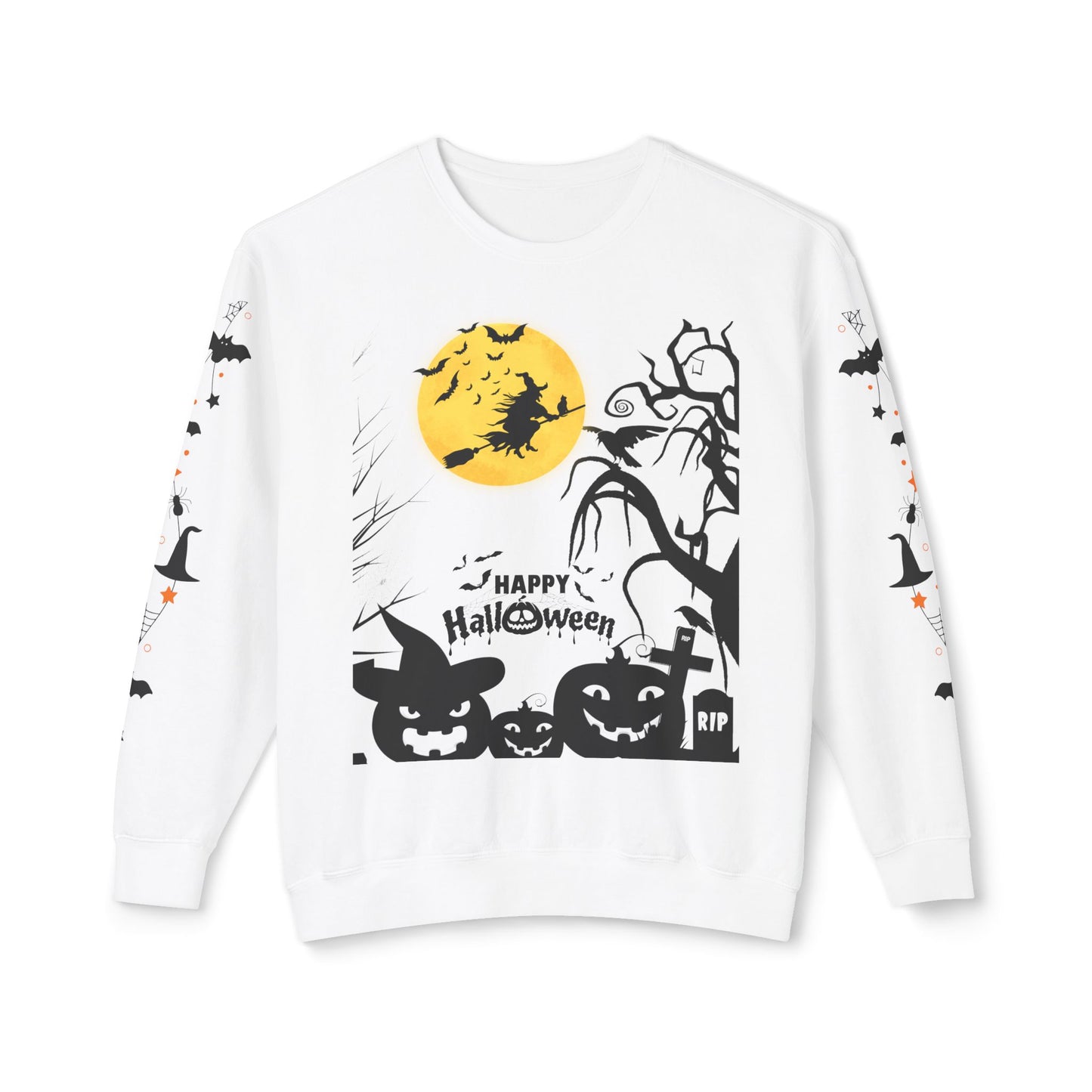 Spooky Halloween Crewneck Sweatshirt – Witch, Pumpkin, and Bat Design for a Chilling October